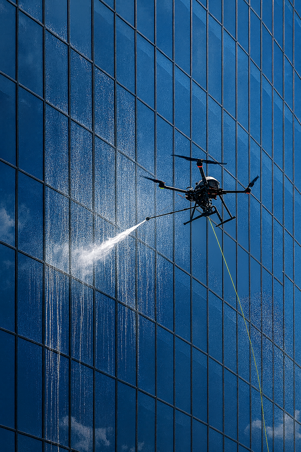 Drone cleaning a glass high-rise close-up